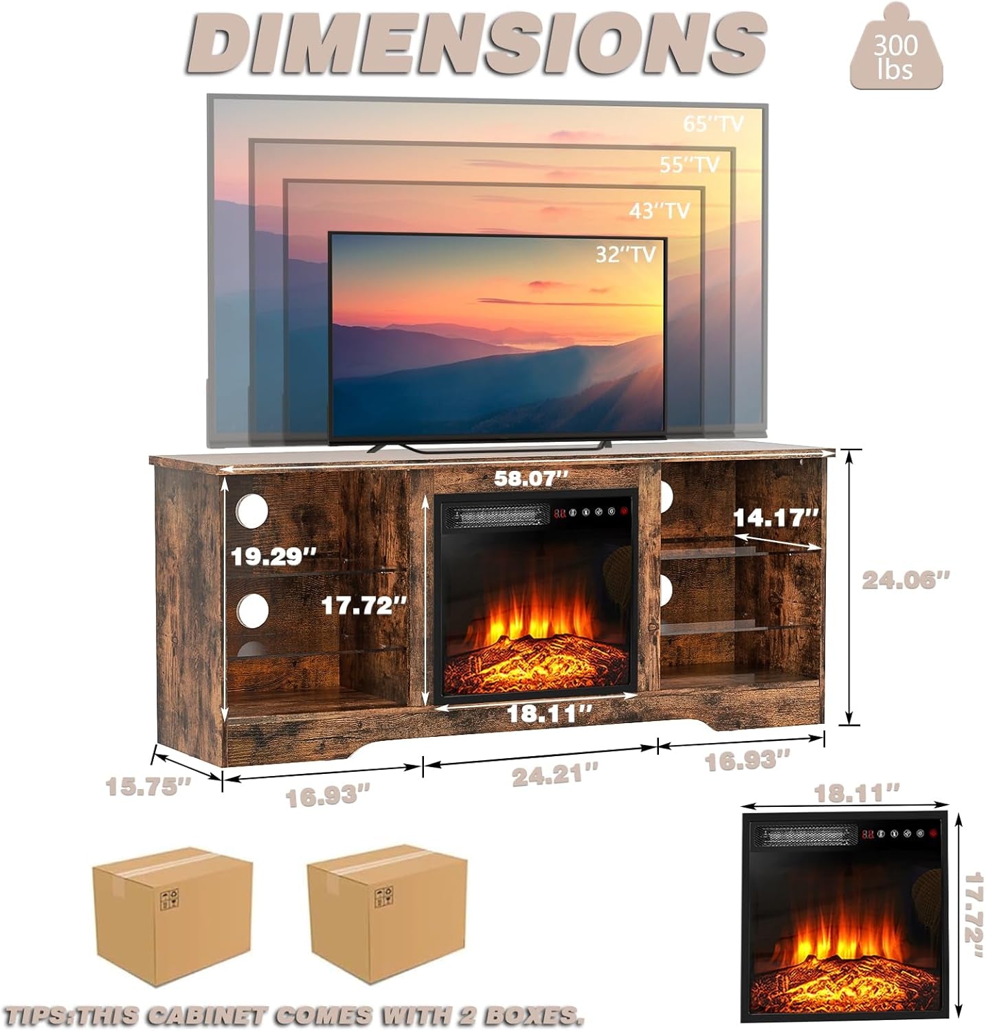 58" Brown Fireplace TV Stand for 65" TV